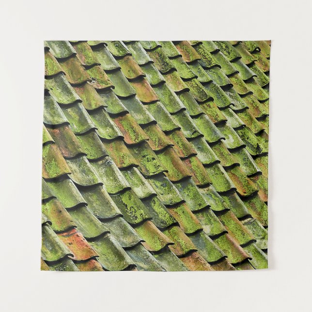 Close-up photo of green shingle roof tapestry (Front)