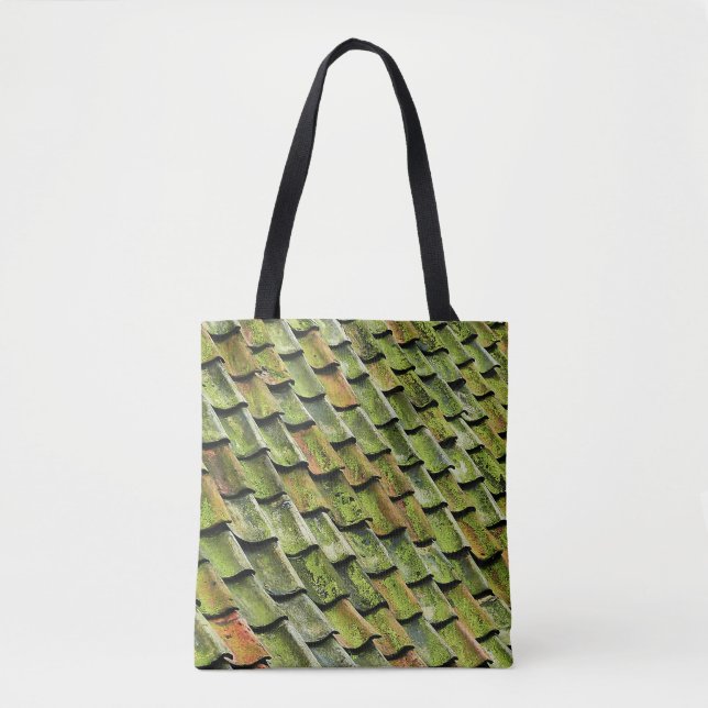 Close-up photo of green shingle roof tote bag (Front)
