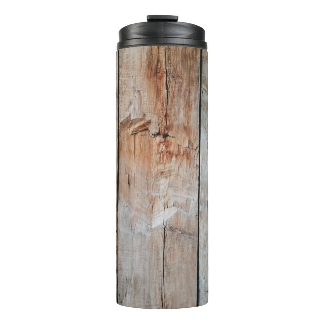 Close up photo of wooden panel thermal tumbler (Front)