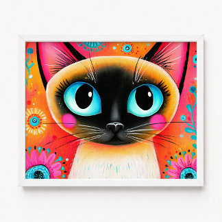 Close Up Pink and Orange Siamese Cat Painting Poster