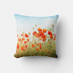 Close up poppies on field. Wild flowers in springt Cushion