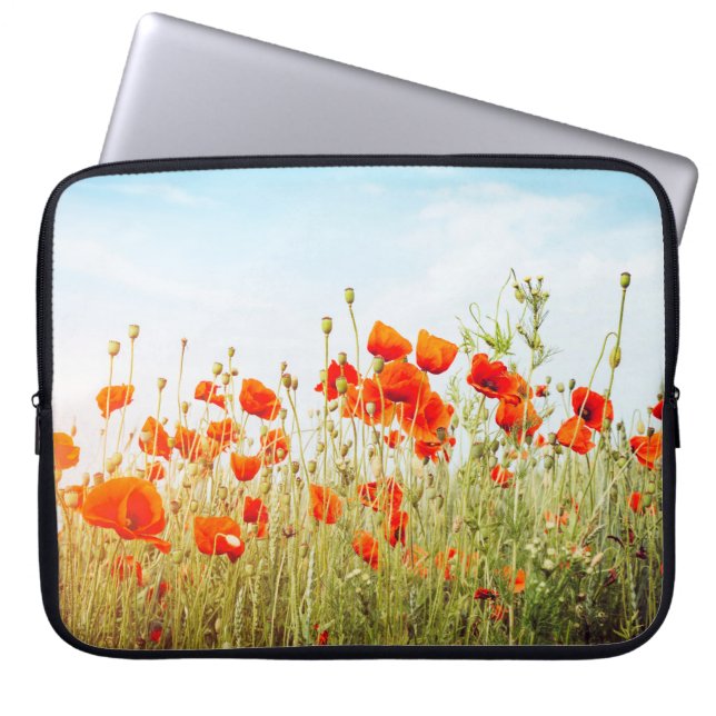 Close up poppies on field. Wild flowers in springt Laptop Sleeve (Front)