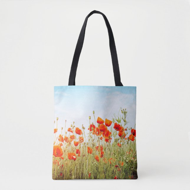 Close up poppies on field. Wild flowers in springt Tote Bag (Front)