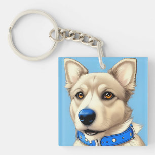 Close-Up Portrait of a Dog Wearing a Blue Collar Key Ring