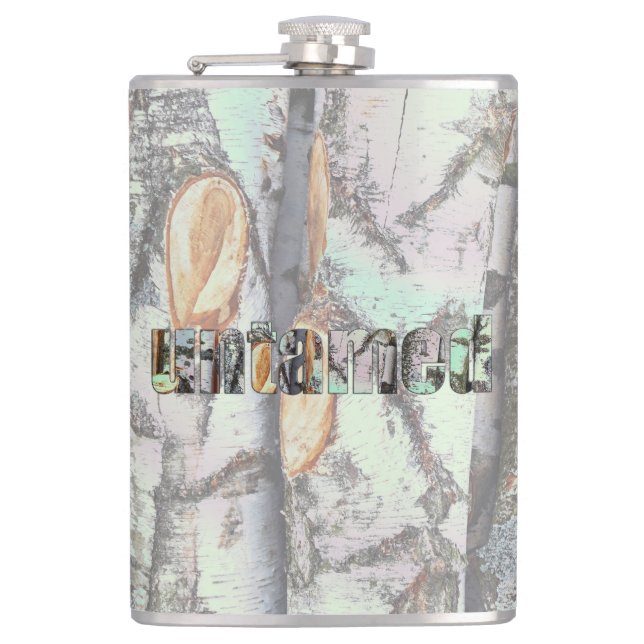 Close-up scene of birch log stumps, rustic charm hip flask (Front)