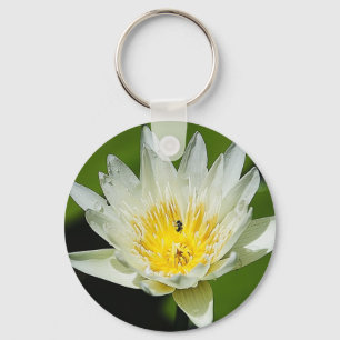 Close-up White Water Lily Flower and Bee Keychains