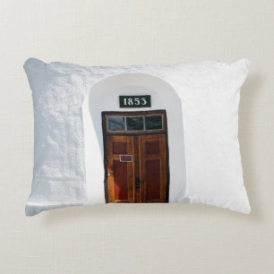 CLOSED 1852 WOODEN DOOR AT DAYTIME DECORATIVE CUSHION