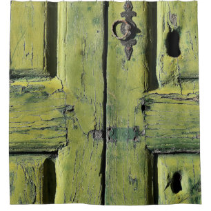 Closed brown wooden 2-panel door shower curtain