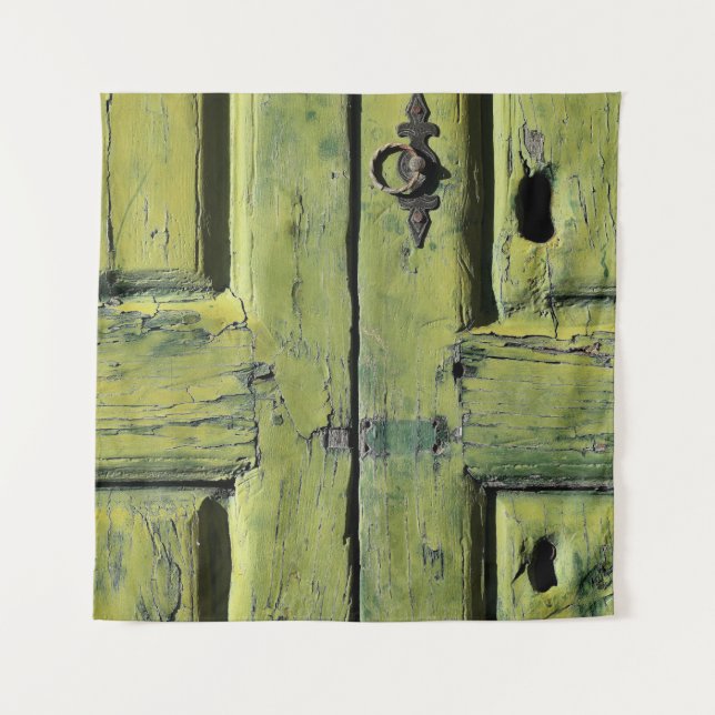 Closed brown wooden 2-panel door tapestry (Front)