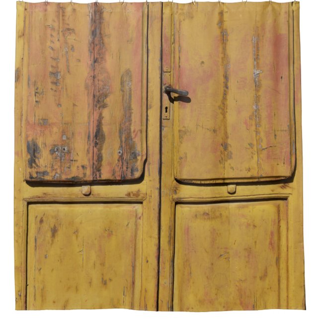 Closed brown wooden cabinet shower curtain (Front)