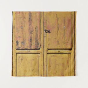 Closed brown wooden cabinet tapestry