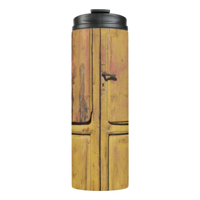 Closed brown wooden cabinet thermal tumbler (Front)