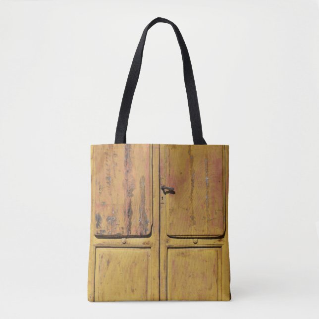 Closed brown wooden cabinet tote bag (Front)