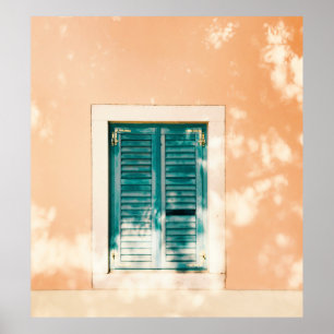 Closed green wooden door poster