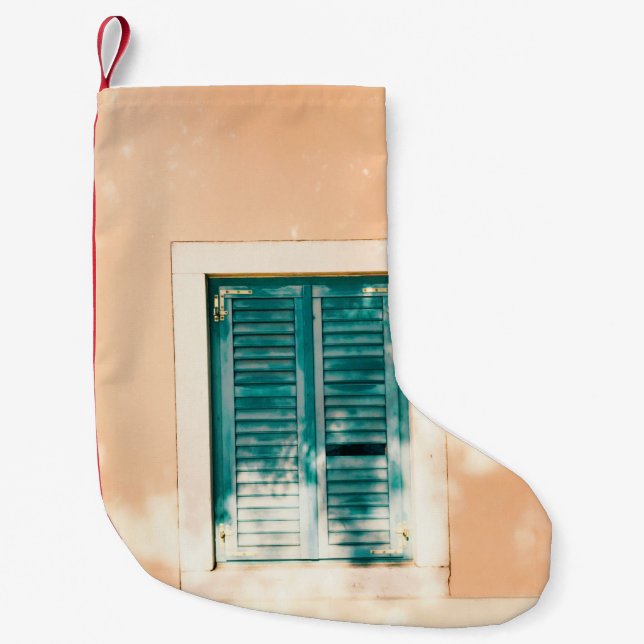 Closed green wooden door small christmas stocking (Front)