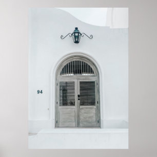 CLOSED GREY WOODEN DOOR BELOW BLACK LIGHT SCONCE POSTER