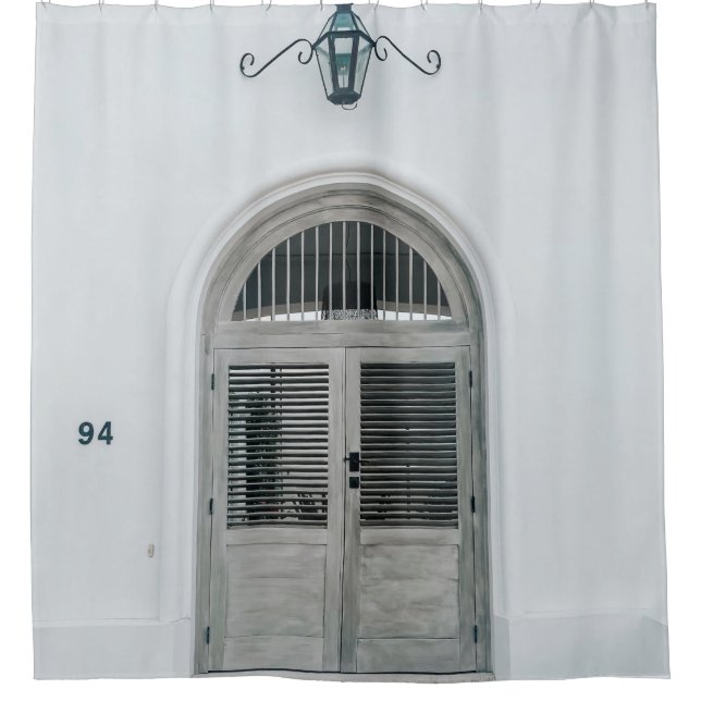 CLOSED GREY WOODEN DOOR BELOW BLACK LIGHT SCONCE SHOWER CURTAIN (Front)