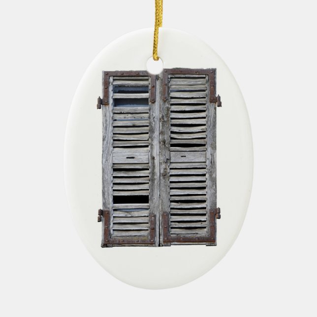 Closed window with old wood shutters ceramic tree decoration (Front)