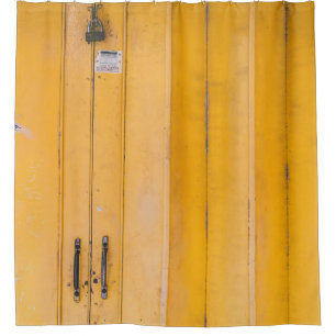 CLOSED YELLOW WOODEN DOOR WITH PADLOCK SHOWER CURTAIN