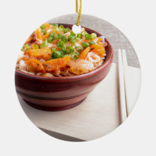 Closeup Asian food of rice noodles and vegetables Ceramic Tree Decoration