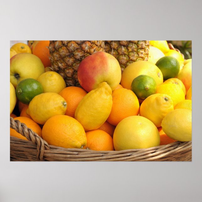 Closeup image of a basket with fruits poster (Front)