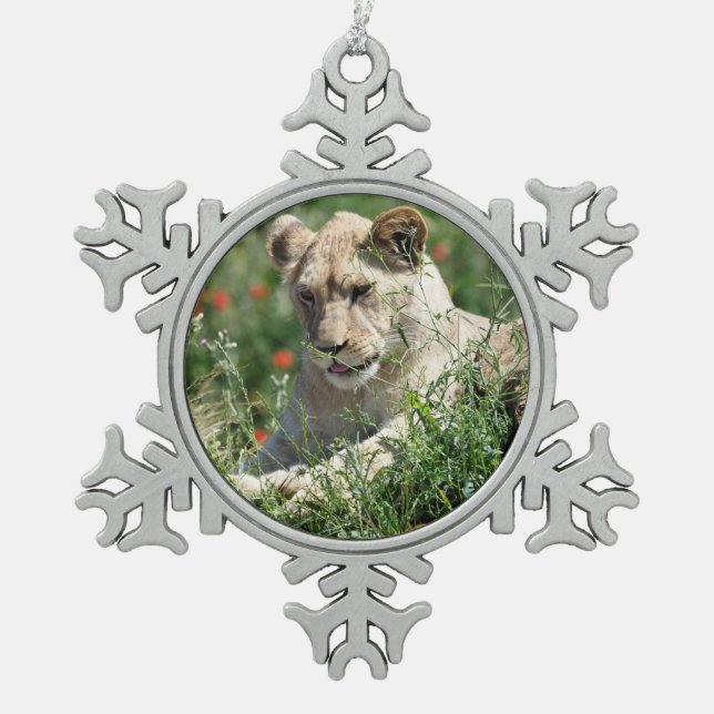 Closeup lion cub among the vegetation   snowflake pewter christmas ornament (Front)