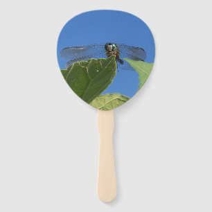 Closeup of a dragonfly against a bright blue sky hand fan