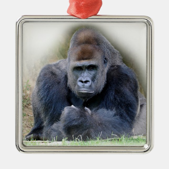 Closeup of gorilla lying on grass metal tree decoration (Front)