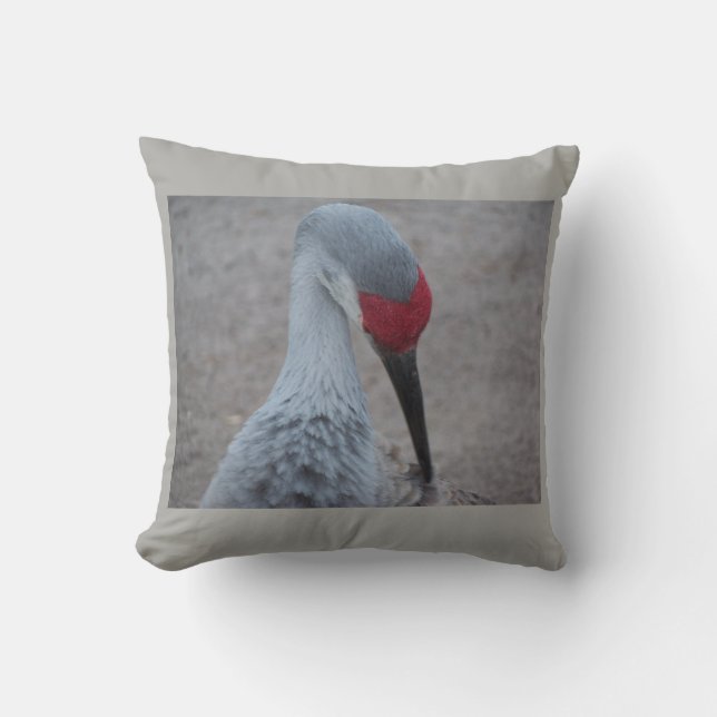 Closeup of the face of a Sand Hill Crane Cushion (Front)