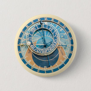 Closeup on Prague Astronomical Clock, Czech R. 6 Cm Round Badge