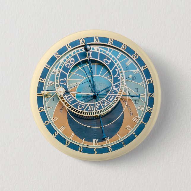 Closeup on Prague Astronomical Clock, Czech R. 6 Cm Round Badge (Front)