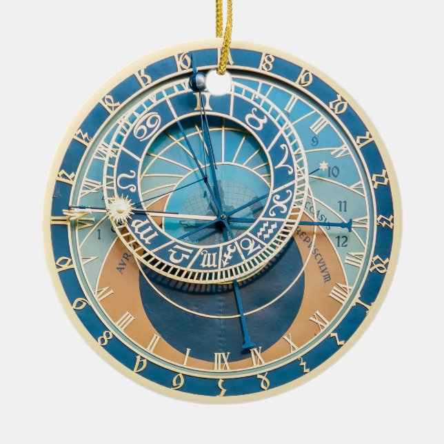 Closeup on Prague Astronomical Clock, Czech R. Ceramic Tree Decoration (Front)