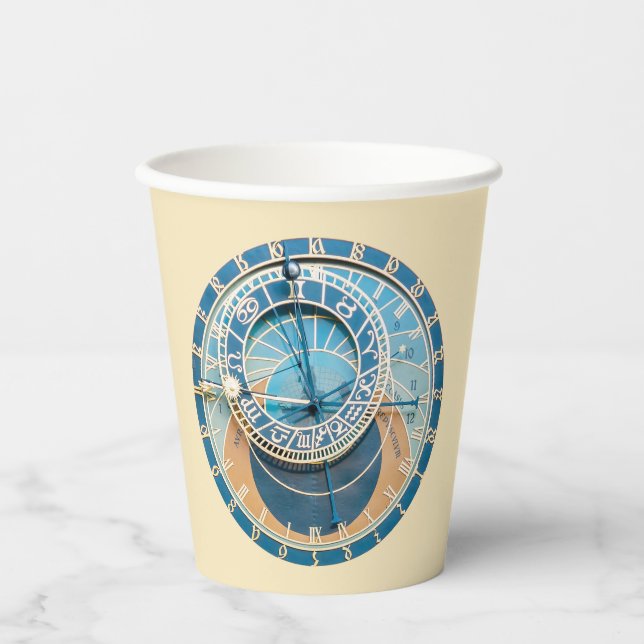 Closeup on Prague Astronomical Clock, Czech R. Paper Cups (Front)