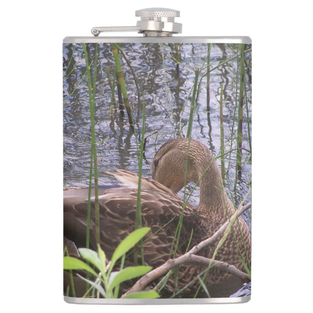 Closeup photo of a duck hip flask (Front)