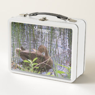 Closeup photo of a duck metal lunch box