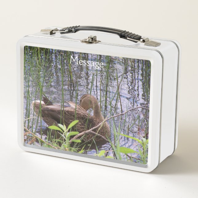 Closeup photo of a duck metal lunch box (Front)