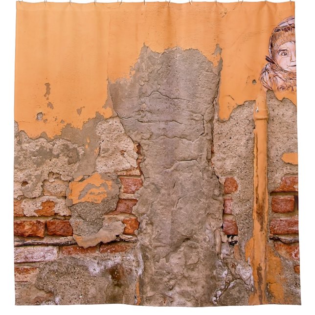 CLOSEUP PHOTO OF ORANGE AND GRAY WALL PAINT SHOWER CURTAIN (Front)