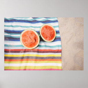 Closeup photo of slice watermelon fruits on cloth poster