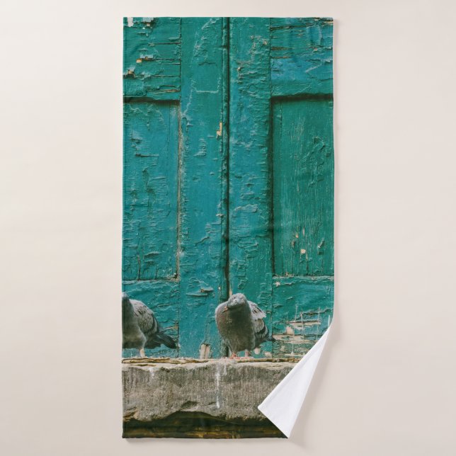 CLOSEUP PHOTO OF TWO GRAY PIGEONS ON GRAY CONCRETE BATH TOWEL (Bath Towel)