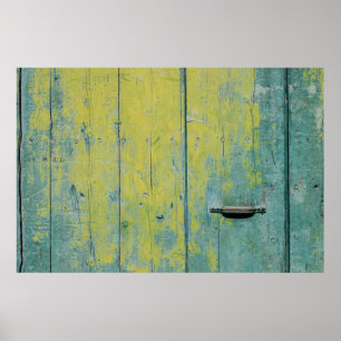 Closeup photo of yellow and teal wooden board poster