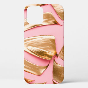 Closeup view of natural gold painted monstera trop iPhone 12 case