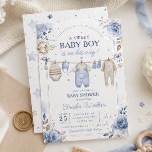 Clothes Line Baby Boy Watercolor Baby Shower Invitation