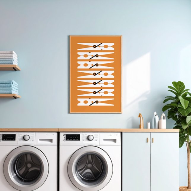 Clothes Pins Black White and Orange Laundry Room Poster (retro rust orange and white modern graphic clothes pins art for a fun laundry room)