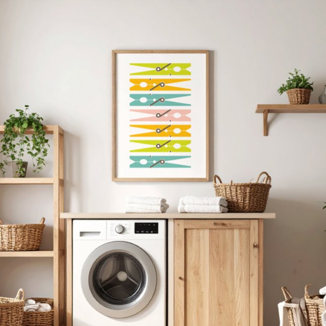 Clothes Pins Retro Colour Laundry Room Art Poster (fun colorful modern clothes pin art to brighten up the laundry room )
