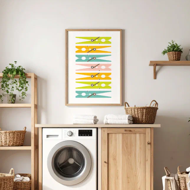 Clothes Pins Retro Colour Laundry Room Art Poster | Zazzle
