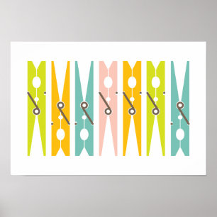 Clothes Pins Retro Colour Laundry Room Art Poster