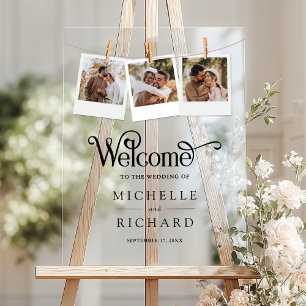 Clothesline 3 Photo Collage Wedding Welcome Acrylic Sign