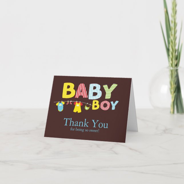 Clothesline Baby Boy Baby Shower Thank You Card (Front)