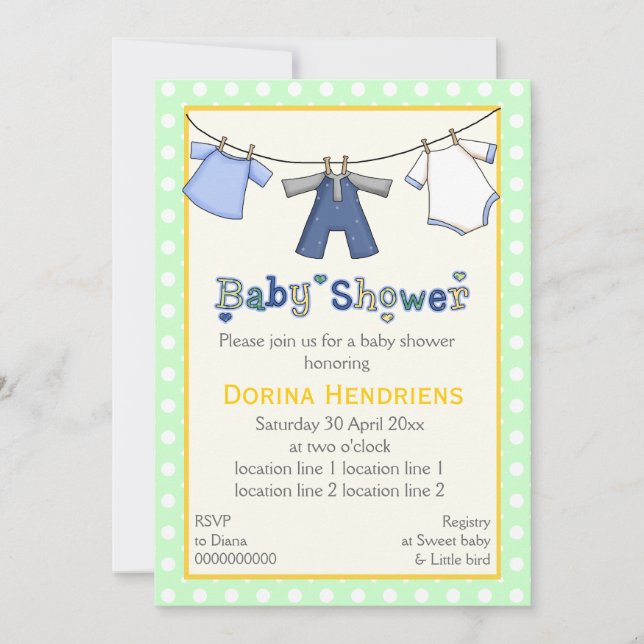 Clothesline baby boy shower personalised invitation (Front)