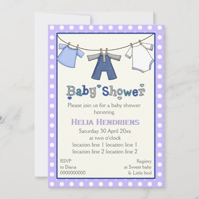 Clothesline baby boy shower personalised invitation (Front)